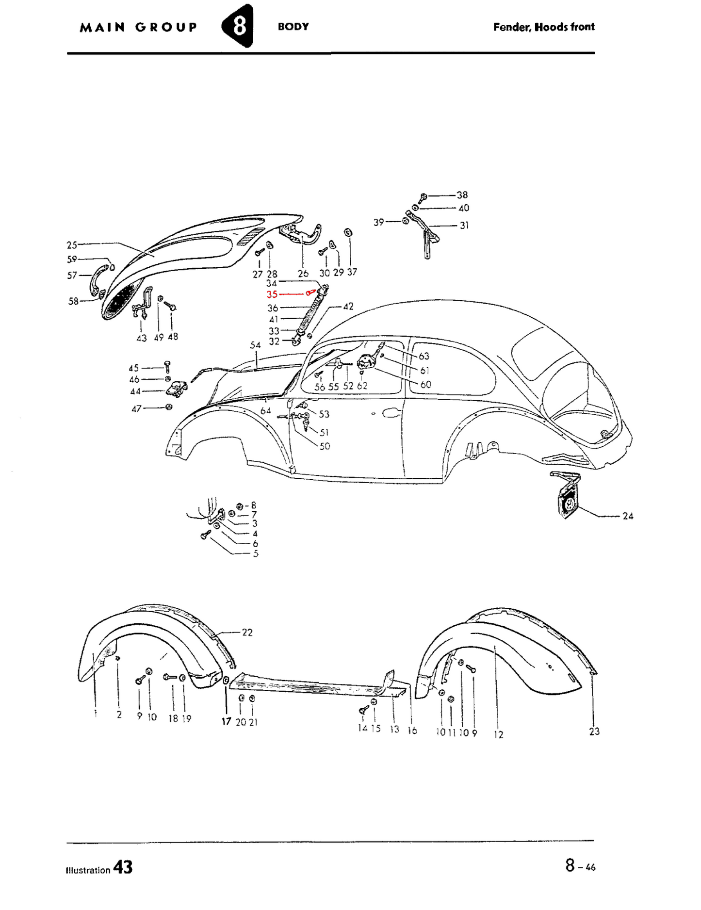 61-79 Bug, Super Beetle Pin for Hood Hinge to Spring