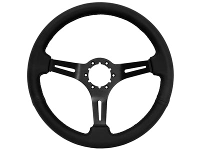 STEERING WHEEL, BLACK LEATHER ON BLACK ALUMINUM 14"