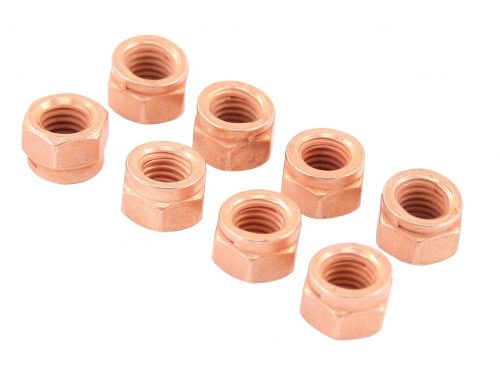 Exhaust Lock Nut Set, 12mm Head, 8mm-1.25 Thread, Copper, 8pcs.