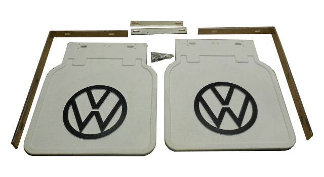 111-821-805W VW Beetle White Mud Flaps with Black VW Logo (Pair)
