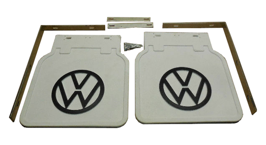111-821-805W VW Beetle White Mud Flaps with Black VW Logo (Pair)