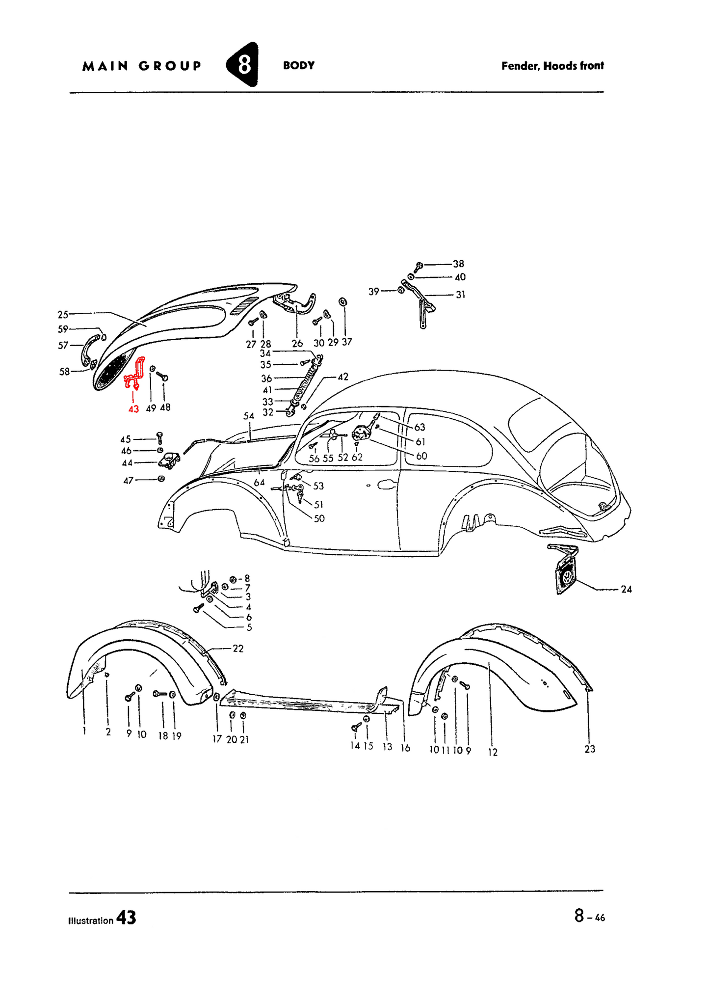 52-67 Bug, Hood Latch w/Pin