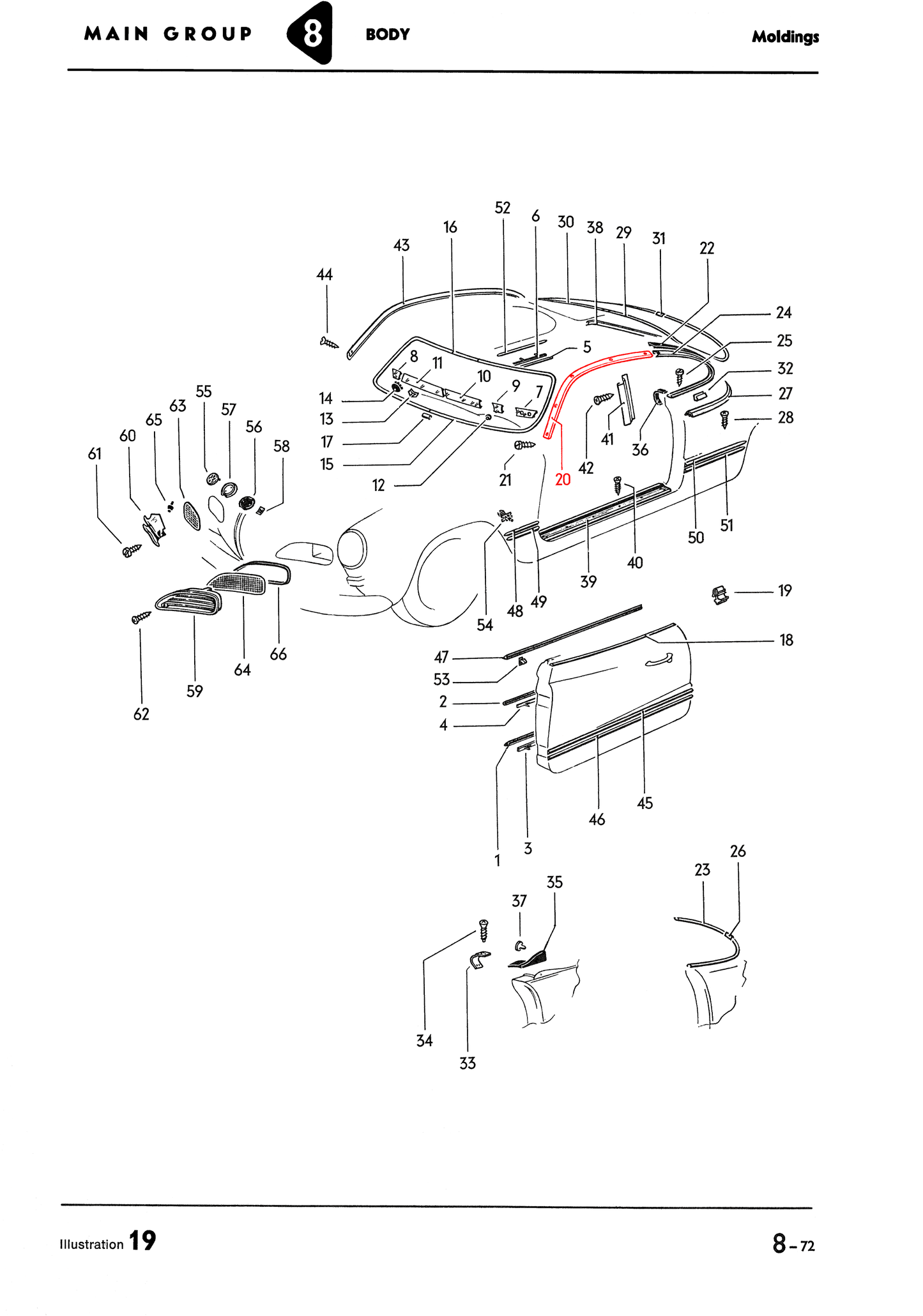 56-71 Ghia Base Molding, Door Wind-to-Roof Weatherstrip Trim, Left