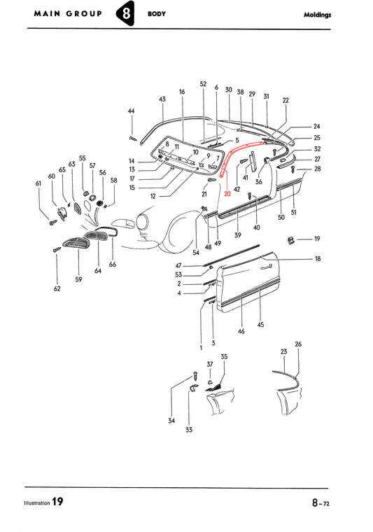 56-71 Ghia Base Molding, Door Wind-to-Roof Weatherstrip Trim, Left