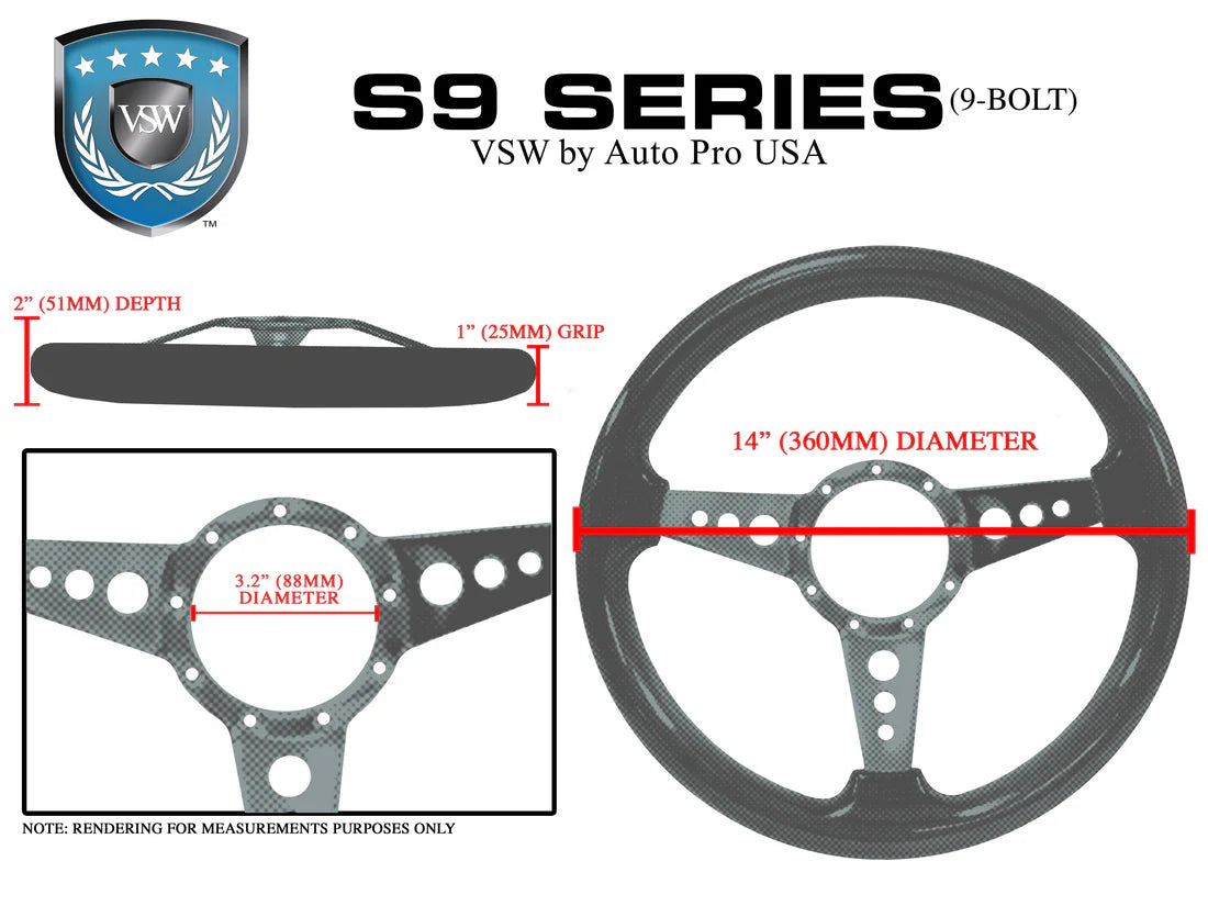 14" Walnut Wood S9 Steering Wheel, 9-Bolt Billet Aluminum Spokes