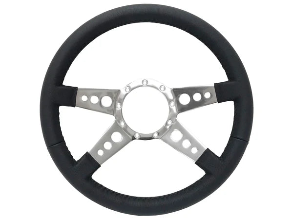 14" Black Leather S9 Steering Wheel, 9-Bolt Billet Aluminum 4 Spokes w/ Holes
