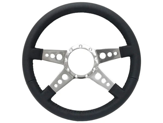 14" Black Leather S9 Steering Wheel, 9-Bolt Billet Aluminum 4 Spokes w/ Holes