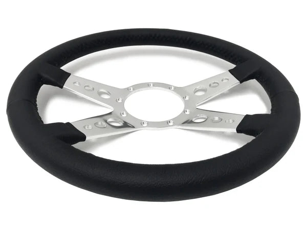 14" Black Leather S9 Steering Wheel, 9-Bolt Billet Aluminum 4 Spokes w/ Holes