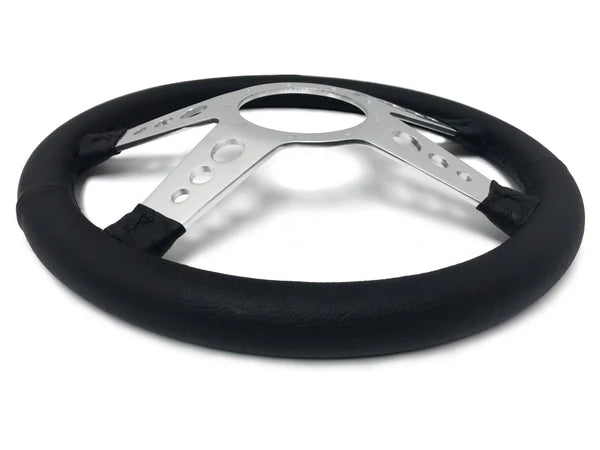 14" Black Leather S9 Steering Wheel, 9-Bolt Billet Aluminum 4 Spokes w/ Holes