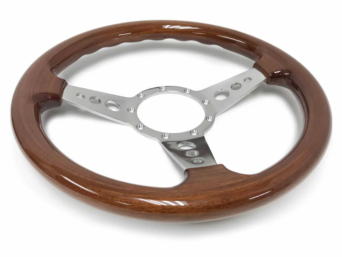 14" Walnut Wood S9 Steering Wheel, 9-Bolt Billet Aluminum Spokes