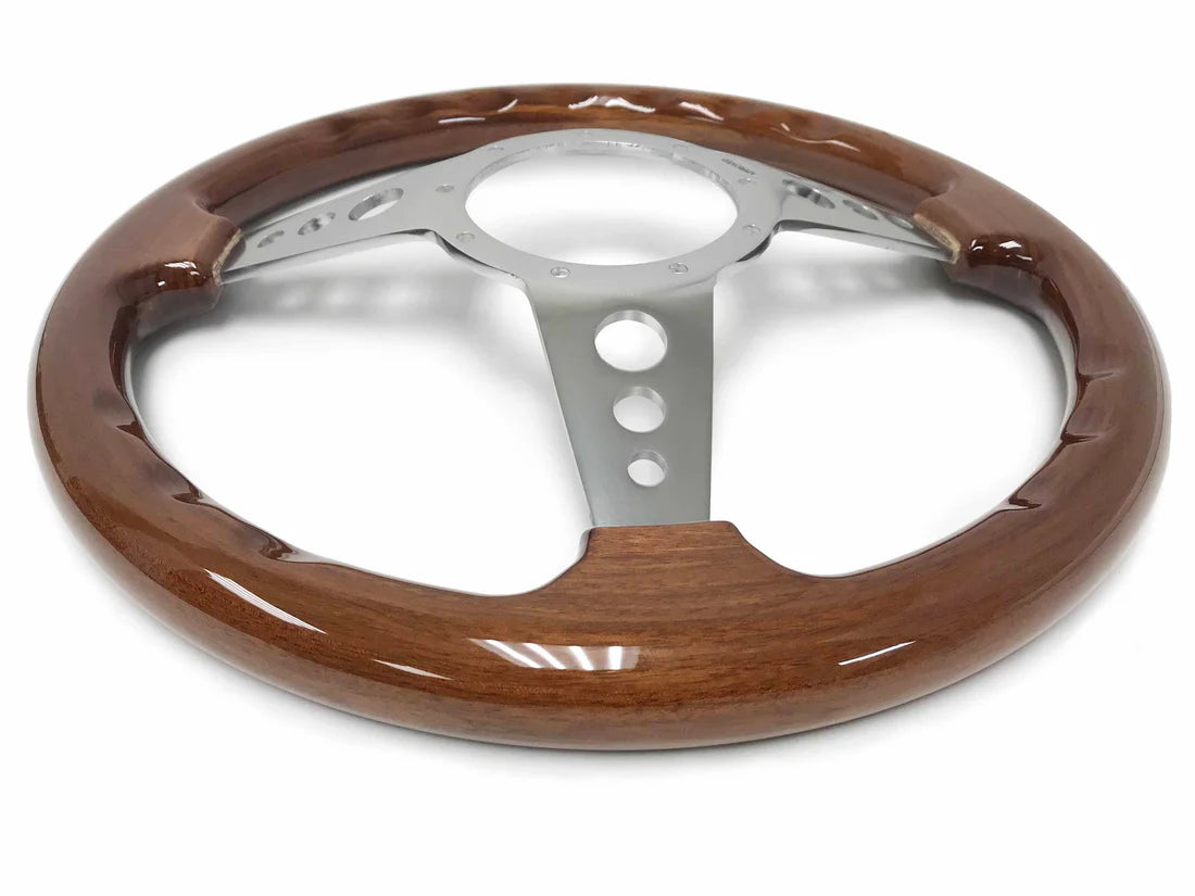 14" Walnut Wood S9 Steering Wheel, 9-Bolt Billet Aluminum Spokes