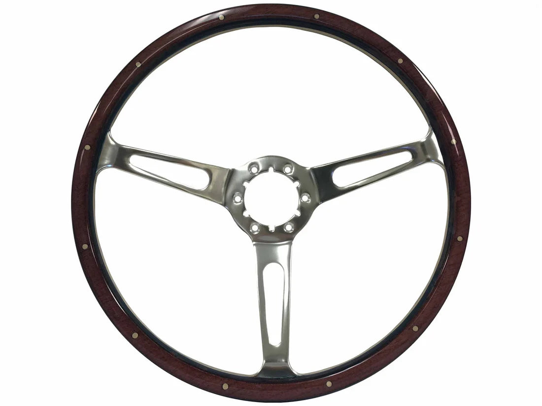 Steering Wheel, 15" Chrome 3 Spoke Slotted, Classic Espresso Wood