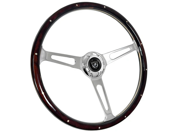 Steering Wheel, 15" Chrome 3 Spoke Slotted, Classic Espresso Wood