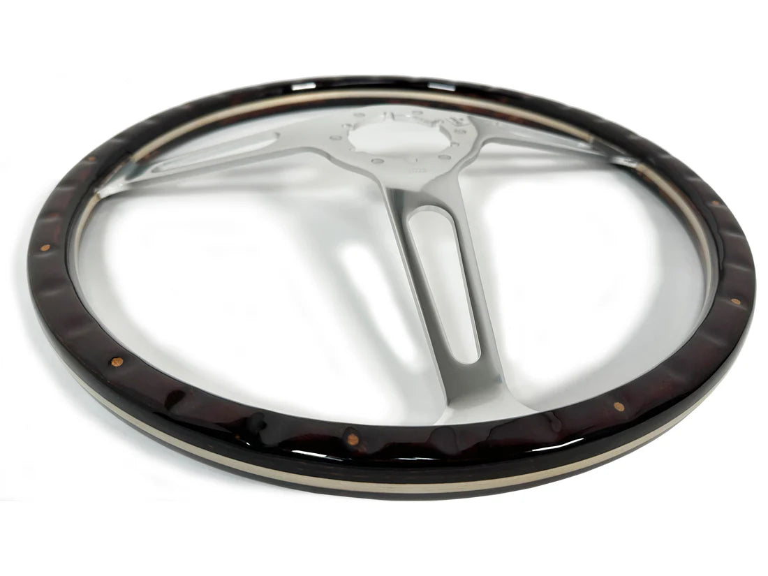 Steering Wheel, 15" Chrome 3 Spoke Slotted, Classic Espresso Wood