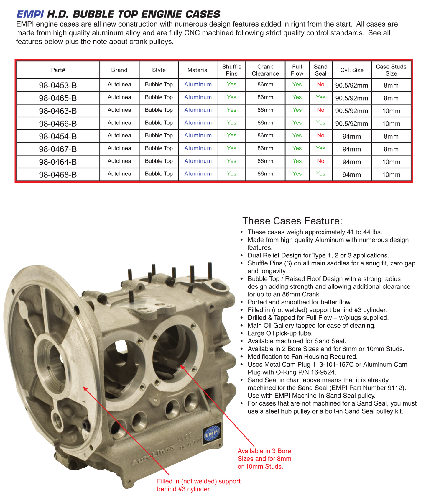 EMPI H.D. Bubble Top Engine Case, 94mm Bore, 8mm Case Studs